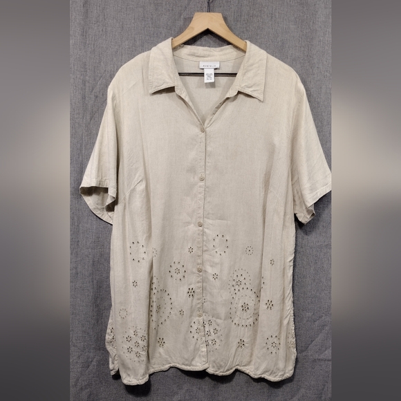Avenue Linen Rayon Floral Eyelet Button Shirt Womens 26/28 Cream Coastal Grandma - Picture 1 of 8